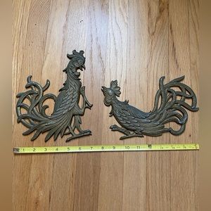 MCM vintage brass metal roosters wall hangings birds